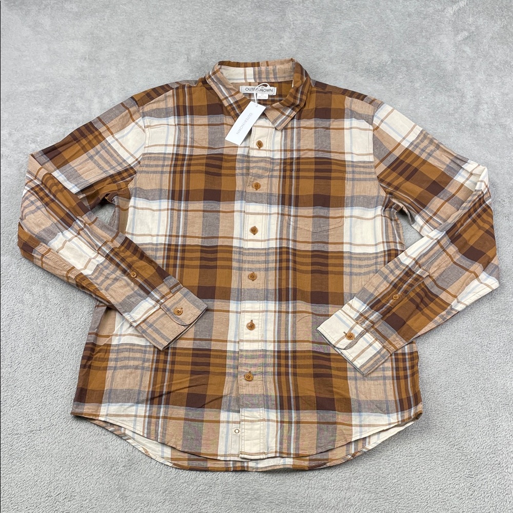 NEW‎ Outerknown S 100% Organic Cotton Men's Brown Plaid Button Down Shirt